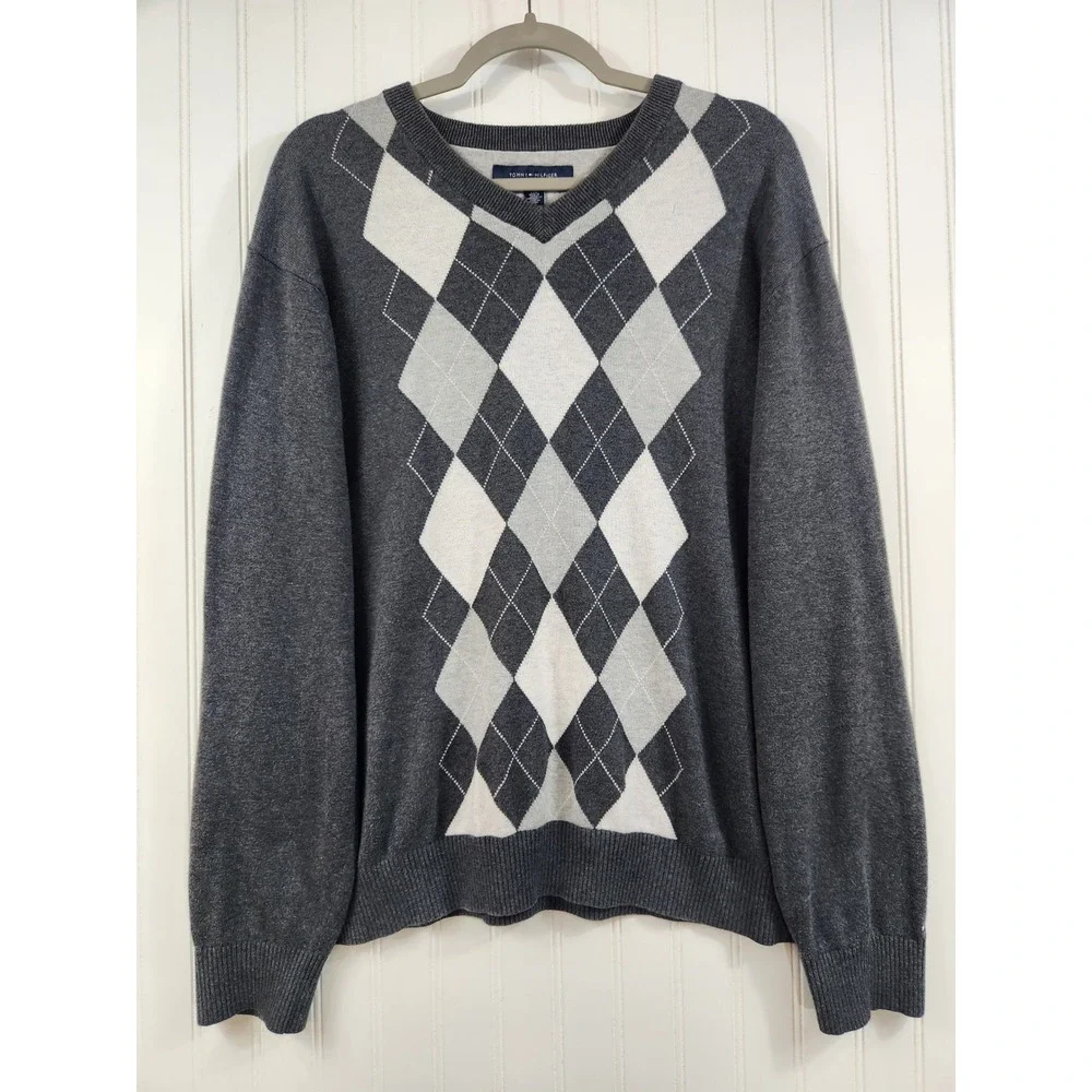 Tommy‎ Hilfiger Men Argyle V-Neck Sweater Grey Charcoal Cotton Knit Large Preppy
